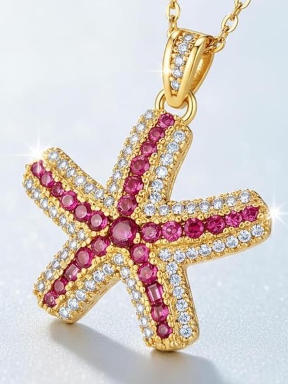 Anthropologie Gold Starfish Necklace with Pink and Clear Stones - Picture 2 of 6